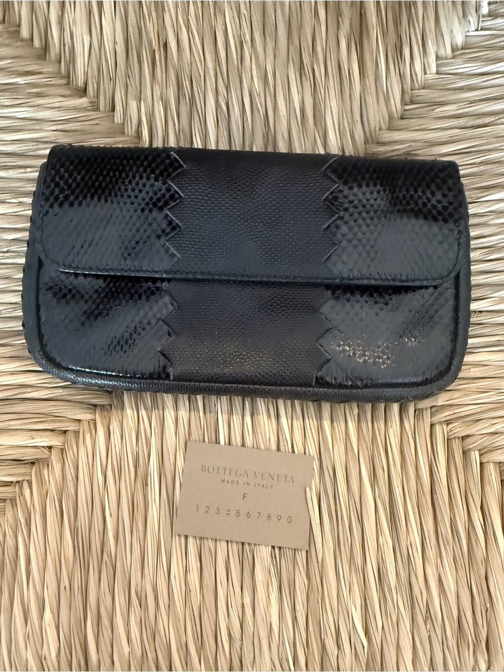 Bottega Veneta Black Patent Snakeskin Flap Clutch. Looks new!